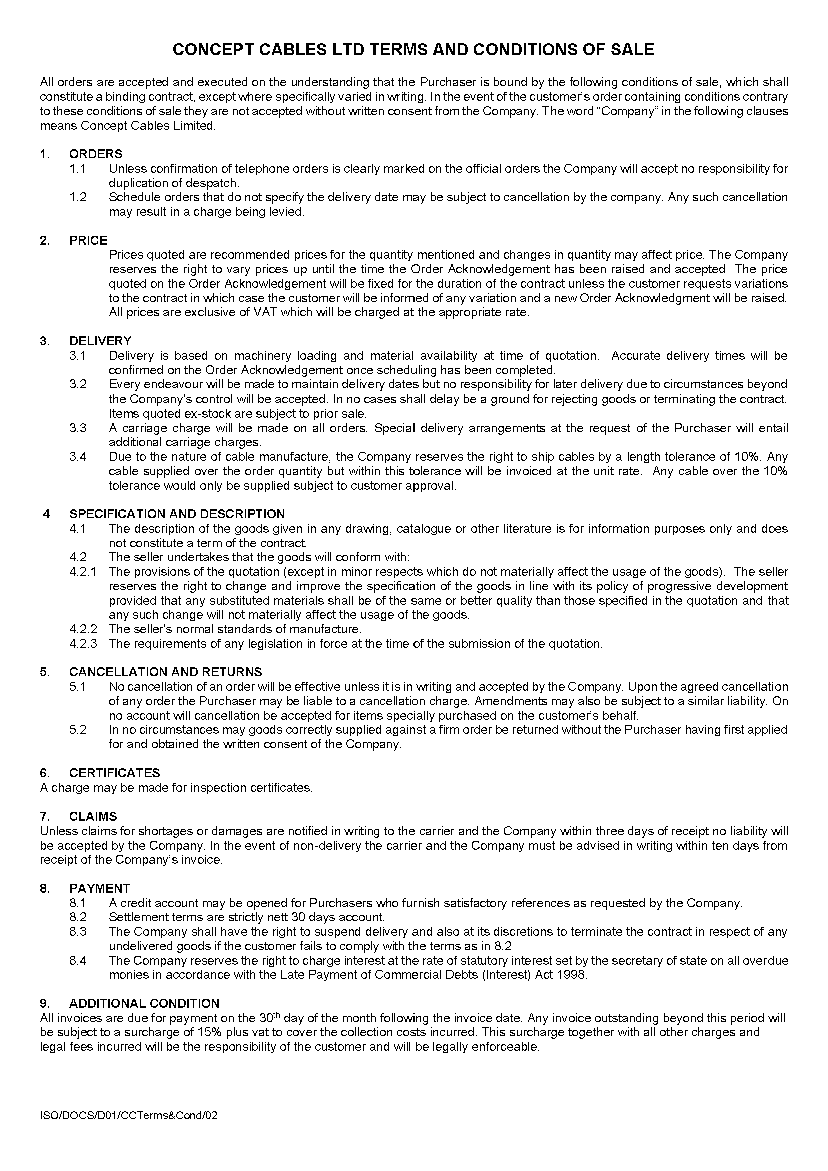 Concept Cables Terms & Conditions of Sale (Page1)